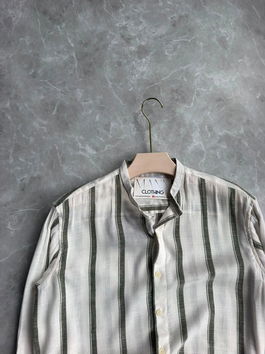 GREEN LINEN STRIPES MANDRIAN COLLAE SHIRT