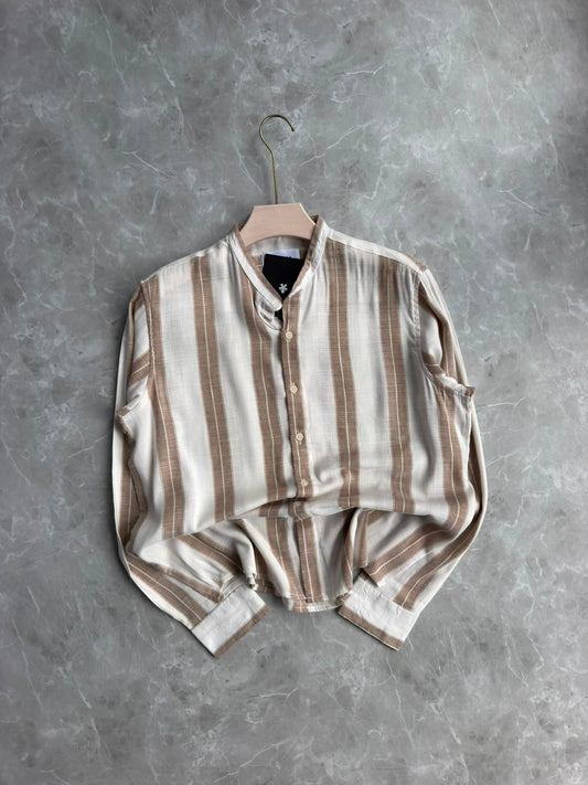 BROWN LINEN MANDRIAN COLLAR SHIRT