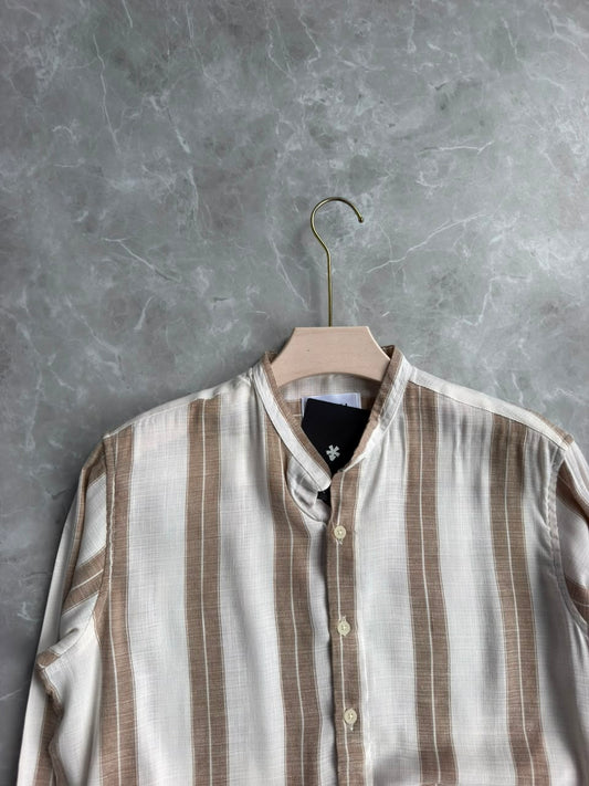 BROWN LINEN MANDRIAN COLLAR SHIRT