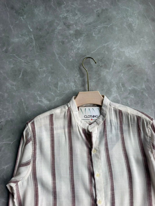 BURGANDY LINEN STRIPES MANDRIAN COLLAR SHIRT