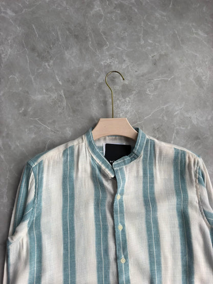 BLUE LINEN STRIPES MANDRIAN COLLAR SHIRT