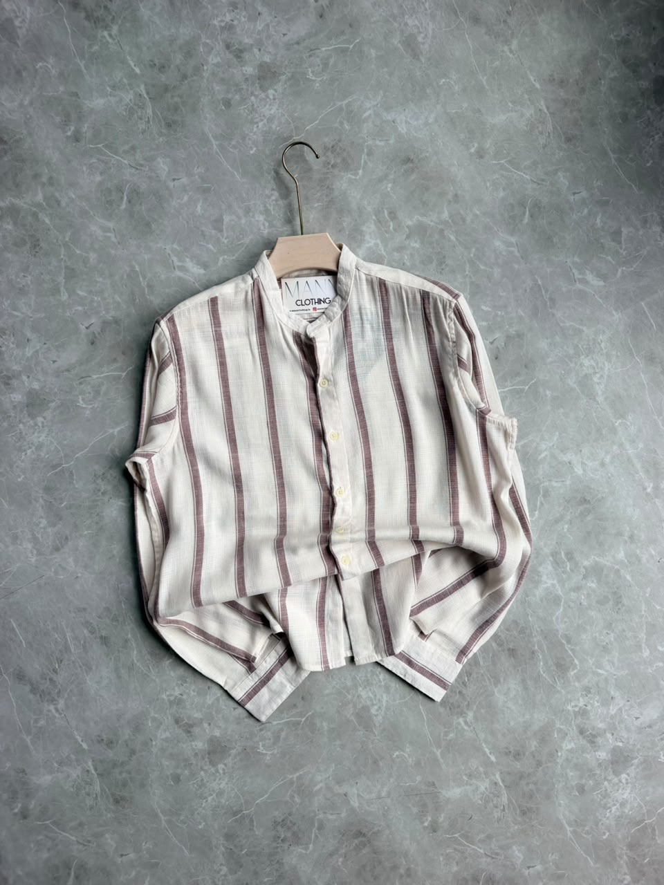 BURGANDY LINEN STRIPES MANDRIAN COLLAR SHIRT