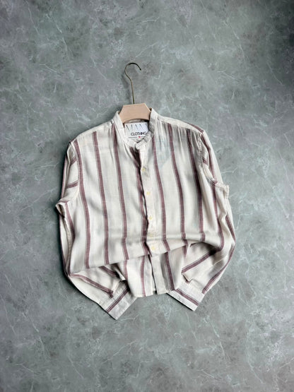 BURGANDY LINEN STRIPES MANDRIAN COLLAR SHIRT