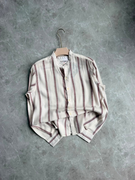 BURGANDY LINEN STRIPES MANDRIAN COLLAR SHIRT