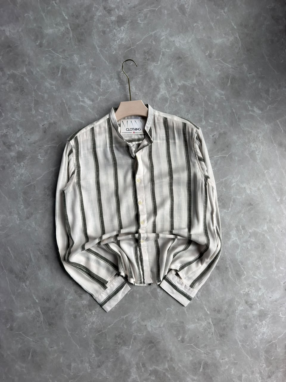 GREEN LINEN STRIPES MANDRIAN COLLAE SHIRT