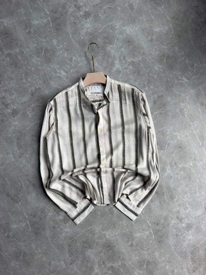 GREEN LINEN STRIPES MANDRIAN COLLAE SHIRT