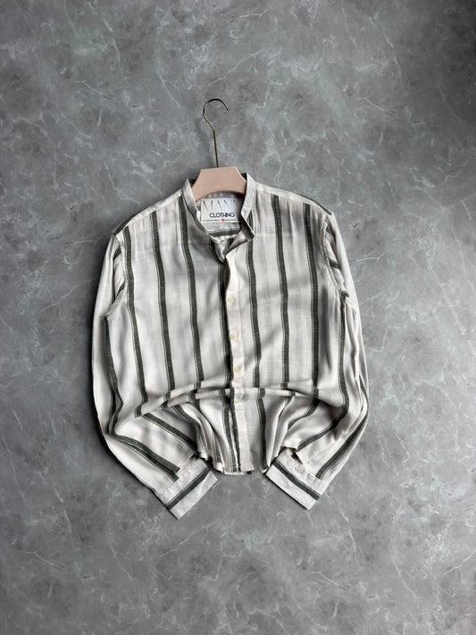 GREEN LINEN STRIPES MANDRIAN COLLAE SHIRT