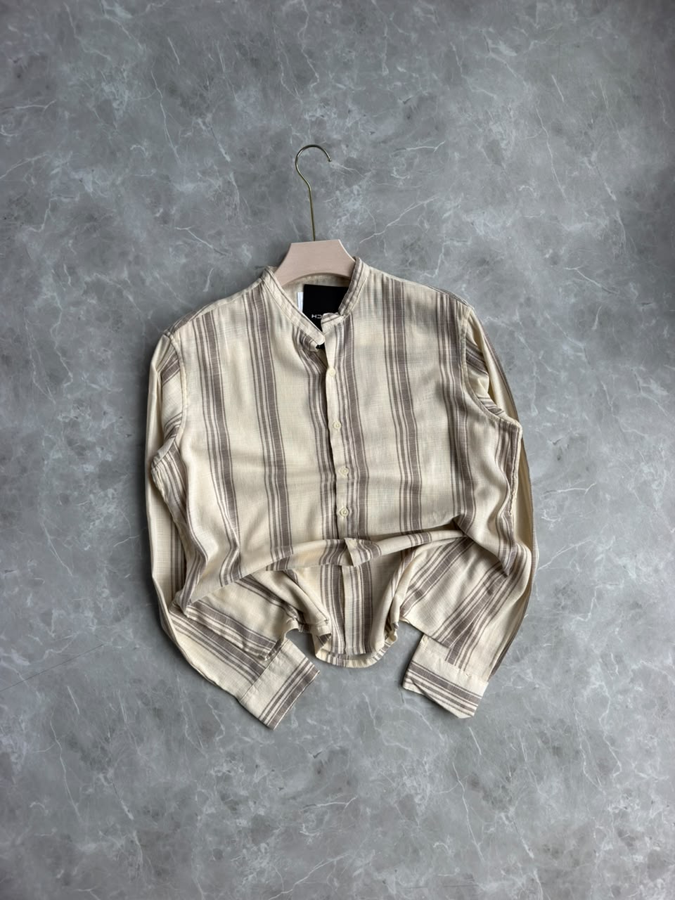BEIGE LINEN STRIPES MANDRIAN COLLAR SHIRT