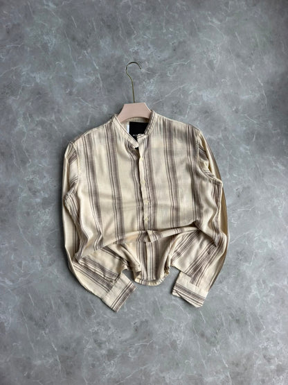 BEIGE LINEN STRIPES MANDRIAN COLLAR SHIRT