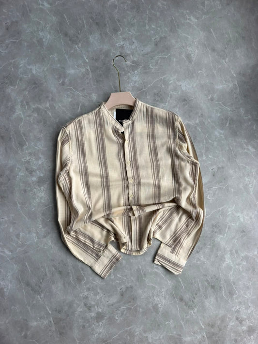 BEIGE LINEN STRIPES MANDRIAN COLLAR SHIRT