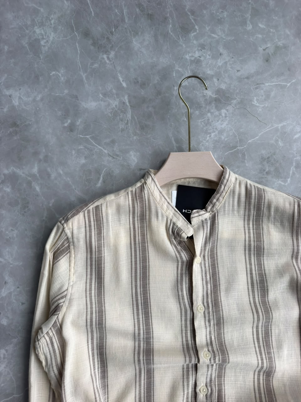 BEIGE LINEN STRIPES MANDRIAN COLLAR SHIRT