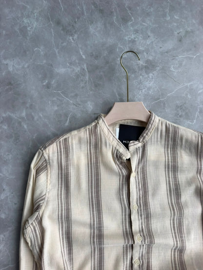 BEIGE LINEN STRIPES MANDRIAN COLLAR SHIRT
