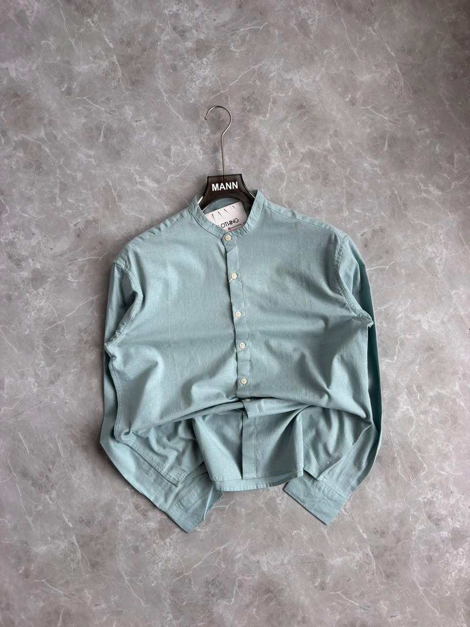 SEAFOAM GREEN LINEN MANDRIAN COLLAR SHIRT
