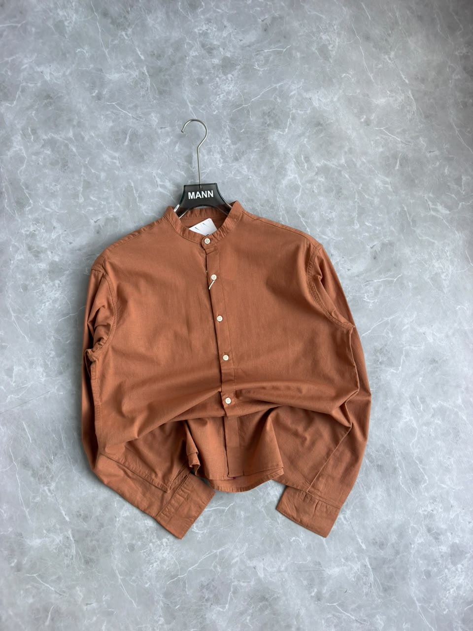 RUST BROWN LINEN MANDRIAN COLLAR SHIRT
