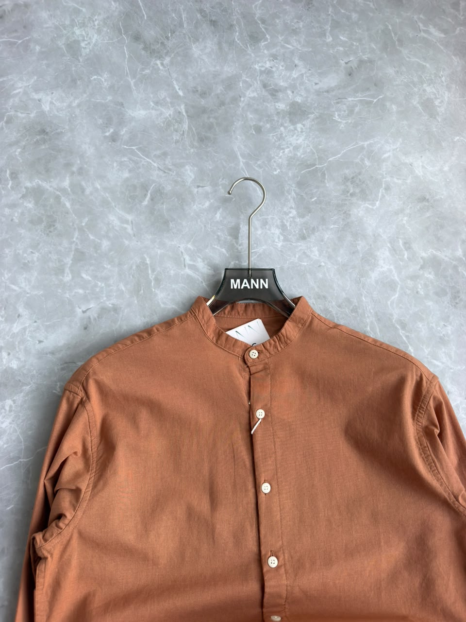 RUST BROWN LINEN MANDRIAN COLLAR SHIRT