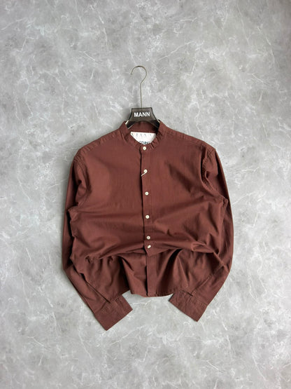 BROWN LINEN MANDRIAN COLLAR SHIRT