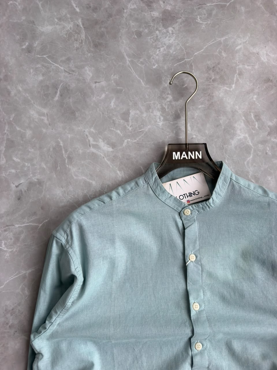 SEAFOAM GREEN LINEN MANDRIAN COLLAR SHIRT