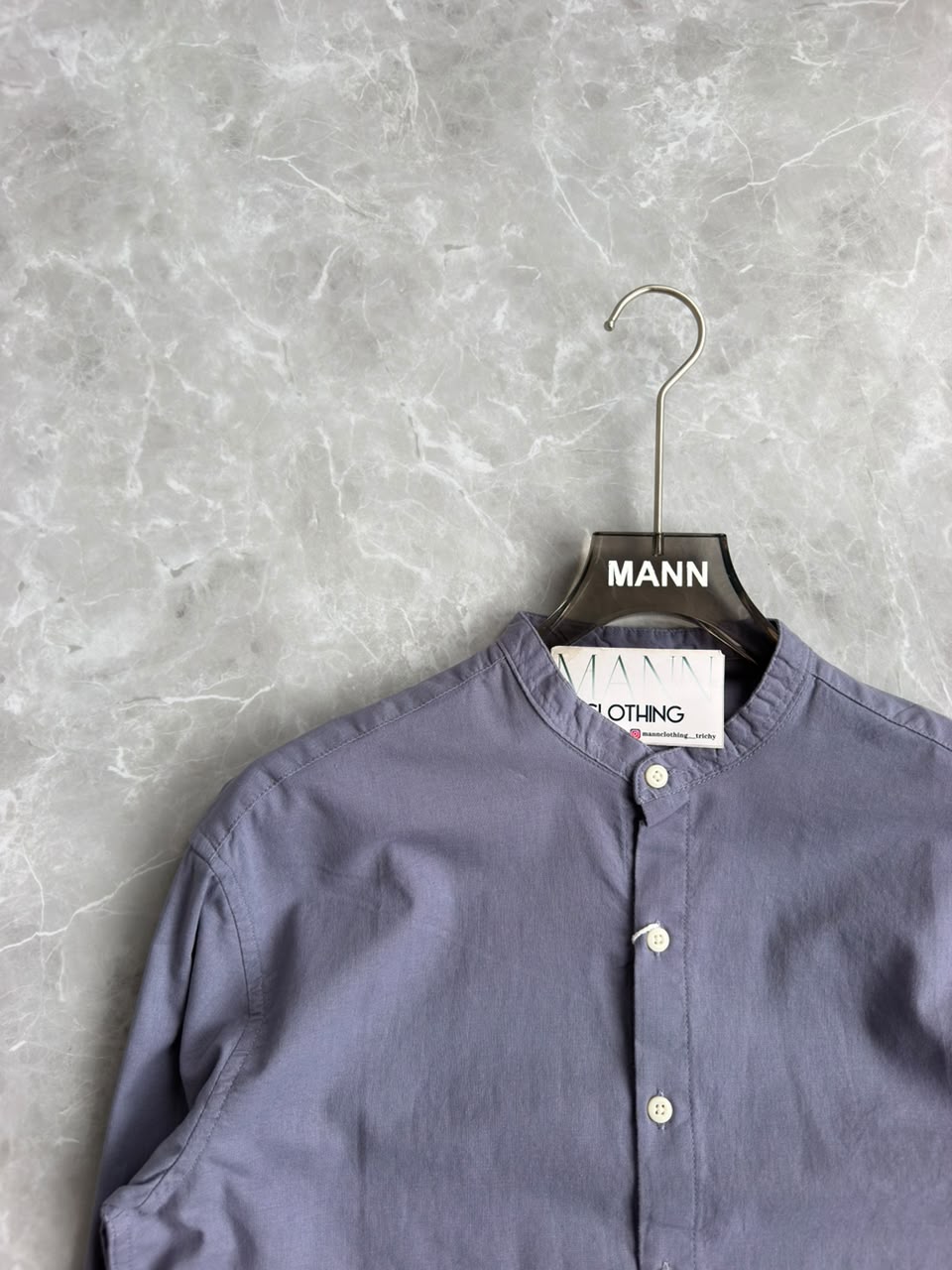 GREYISH BLUE LINEN MANDRIAN COLLAR SHIRT