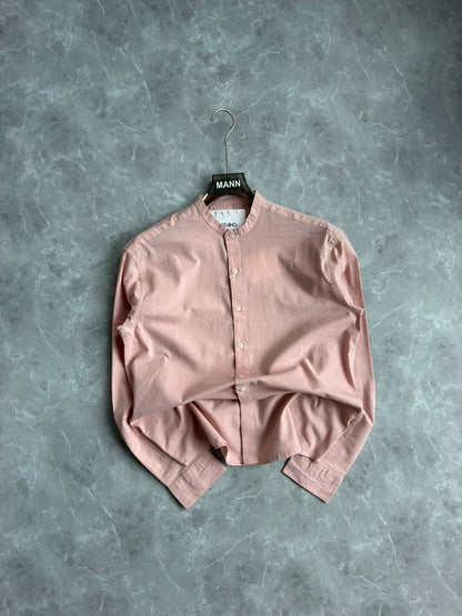 PINK LINEN MANDRIAN COLLAR SHIRT