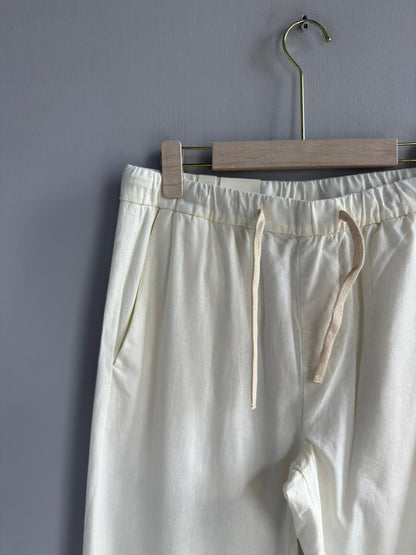 CREAM RELAX FIT LINEN TROUSERS