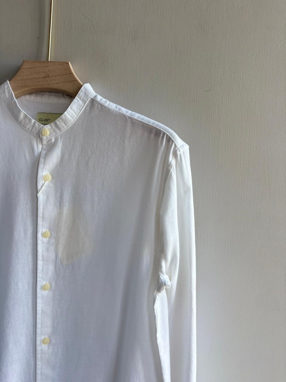 WHITE LINEN MANDRIAN COLLAR SHIRT