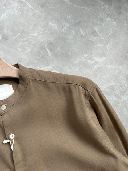 PASTEL BROWN LINEN MANDRIAN COLLAR SHIRT