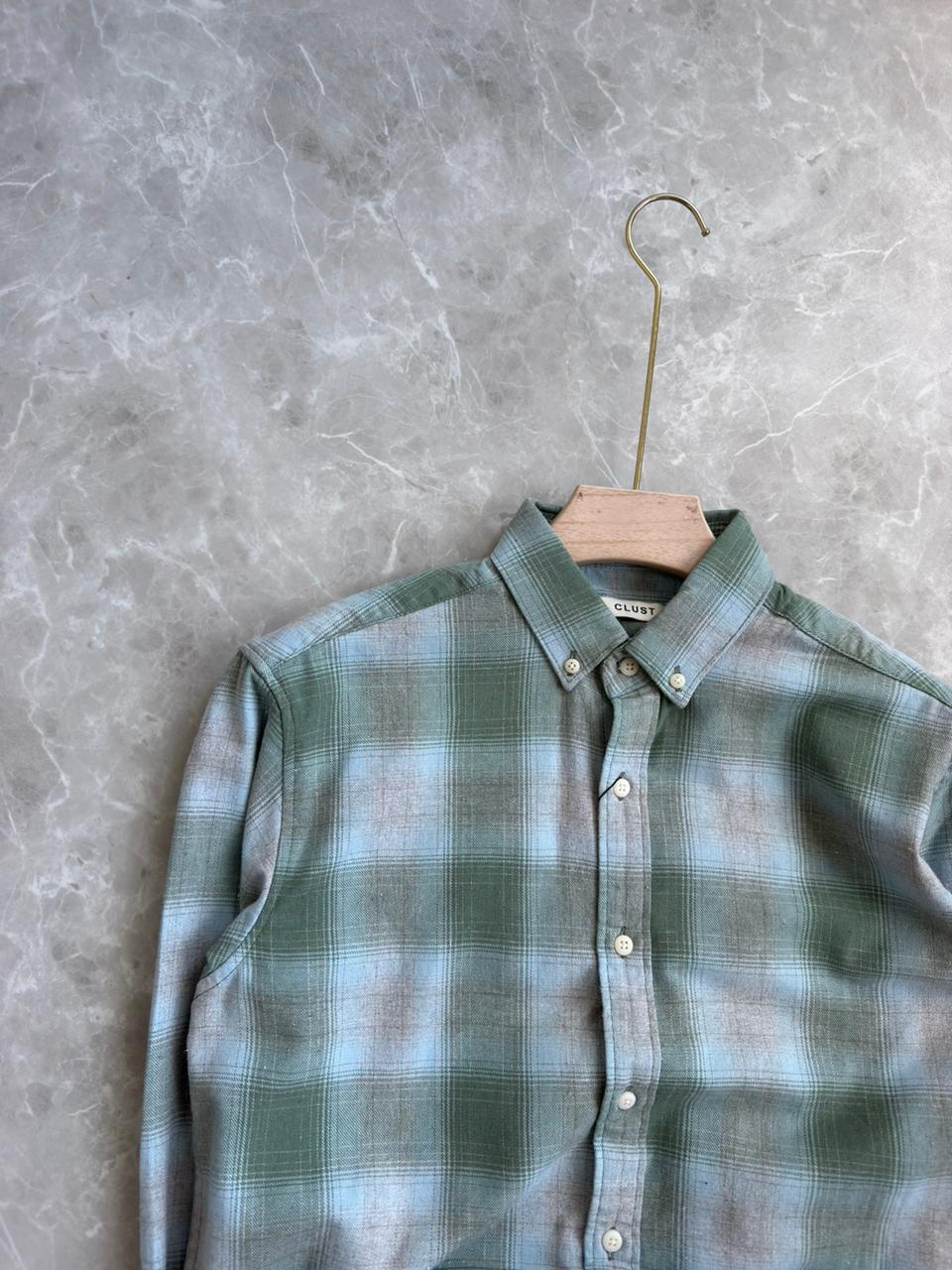 LIGHT GREEN BRUSH COTTON FLANNEL CHECKED SHIRT
