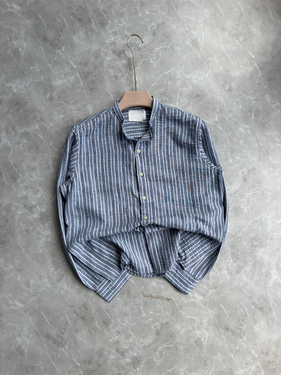 BLUE STRIPES MANDRIAN COLLAR SHIRT