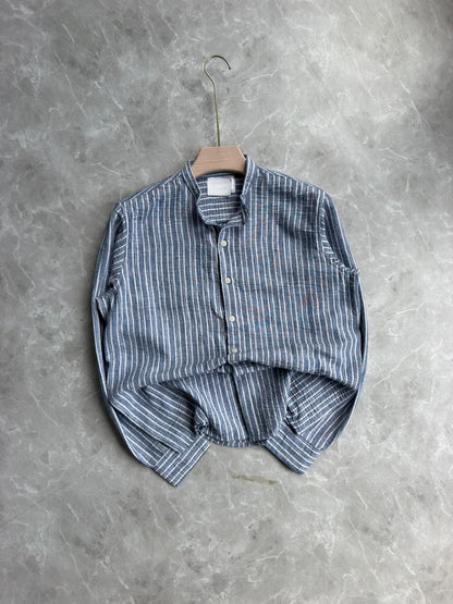 BLUE STRIPES MANDRIAN COLLAR SHIRT