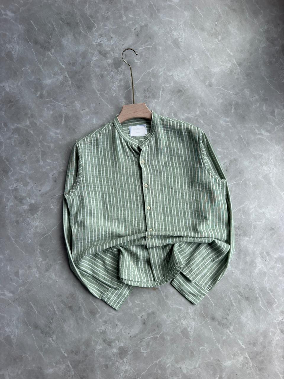 GREEN STRIPES MANDRIAN COLLAR SHIRT