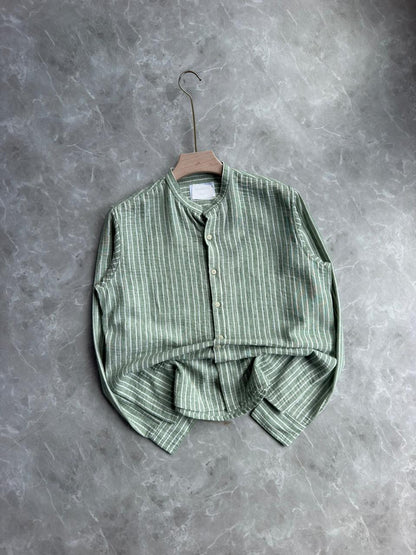 GREEN STRIPES MANDRIAN COLLAR SHIRT