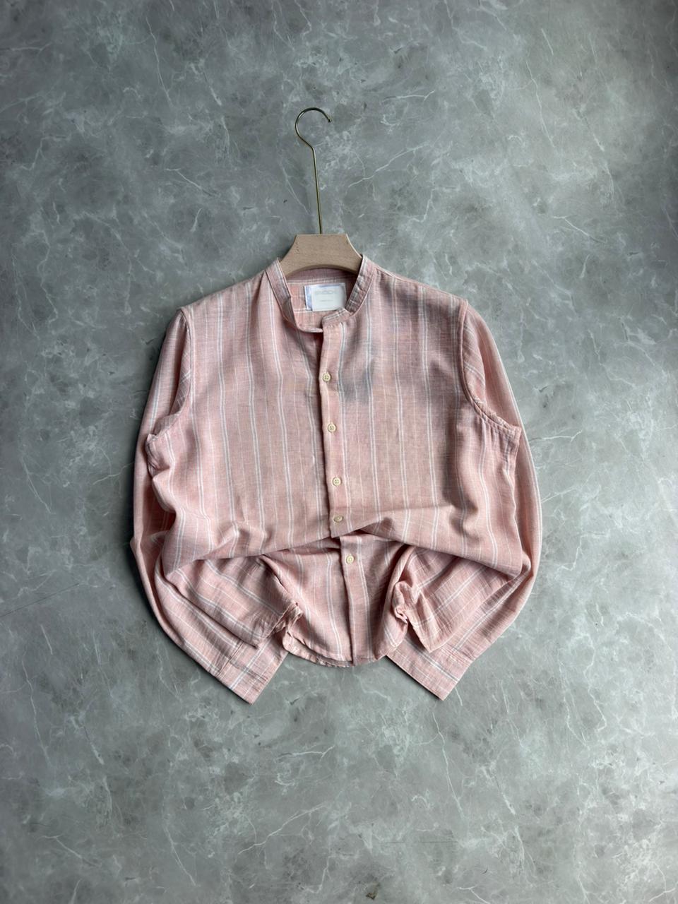 PINK STRIPES MANDRIAN COLLAR SHIRT