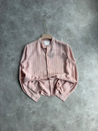 PINK STRIPES MANDRIAN COLLAR SHIRT